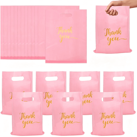 BPPEG 100 Pack Pink Thank You Bags Thank You Merchandise Bags Extra Thick Reusable Plastic Shopping Bag with Handles Goodie Bag for Small Business Retail Wedding Birthday Gifts