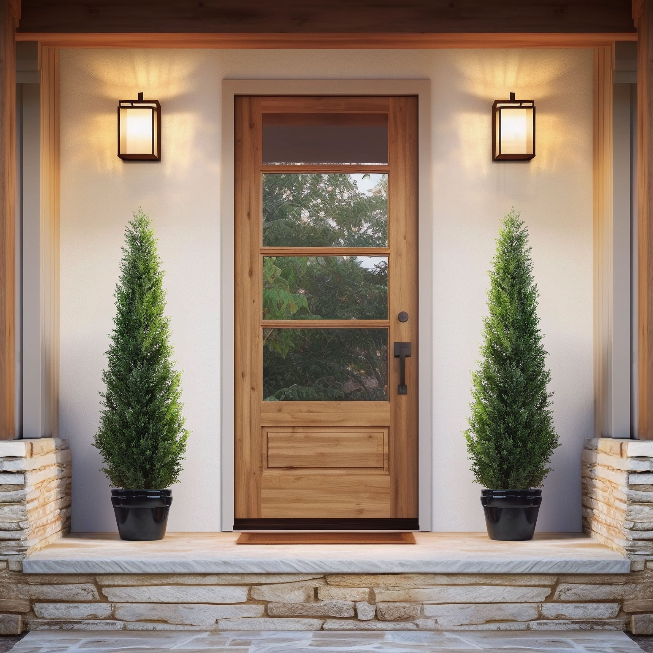 DR.Planzen Artificial Cedar Tree 2 Pack 5 ft Artificial Cedar Topiary Trees for Outdoors Potted Fake Cypress Trees Faux Evergreen Plants for Home Porch Decor Set of 2