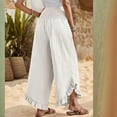 thumbnail image 6 of RPVATI Wide Leg Linen Pants for Women Plus Size Casual Summer High Waisted Smocked Flowy Palazzo Pants Boho Ruffle Hem Beach Loose Vacation Trousers with Pockets White XL, 6 of 8