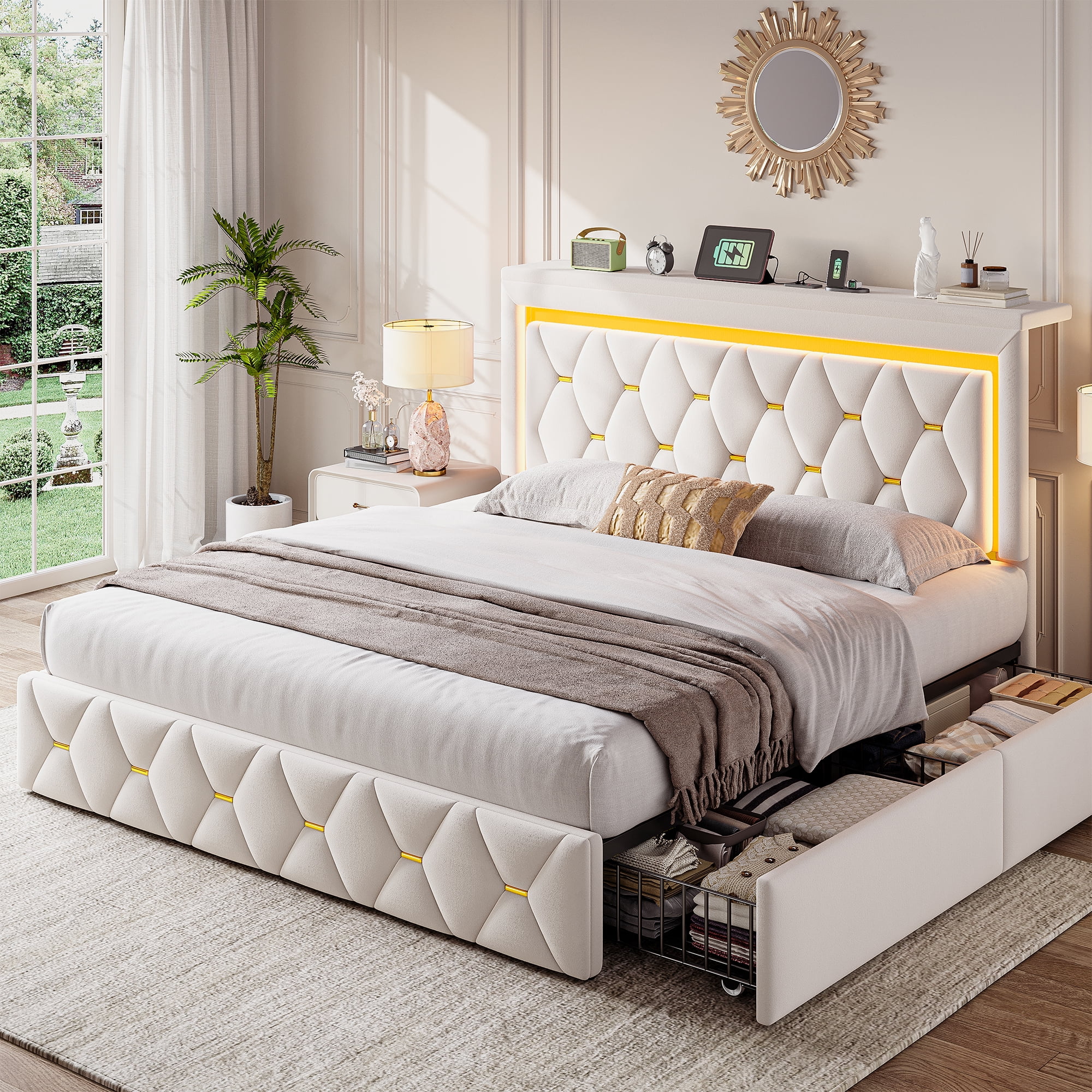 EnHomee Queen Size Bed Frame with 4 Storage Drawers Upholstered Bed with LED & Charge Station,Beige