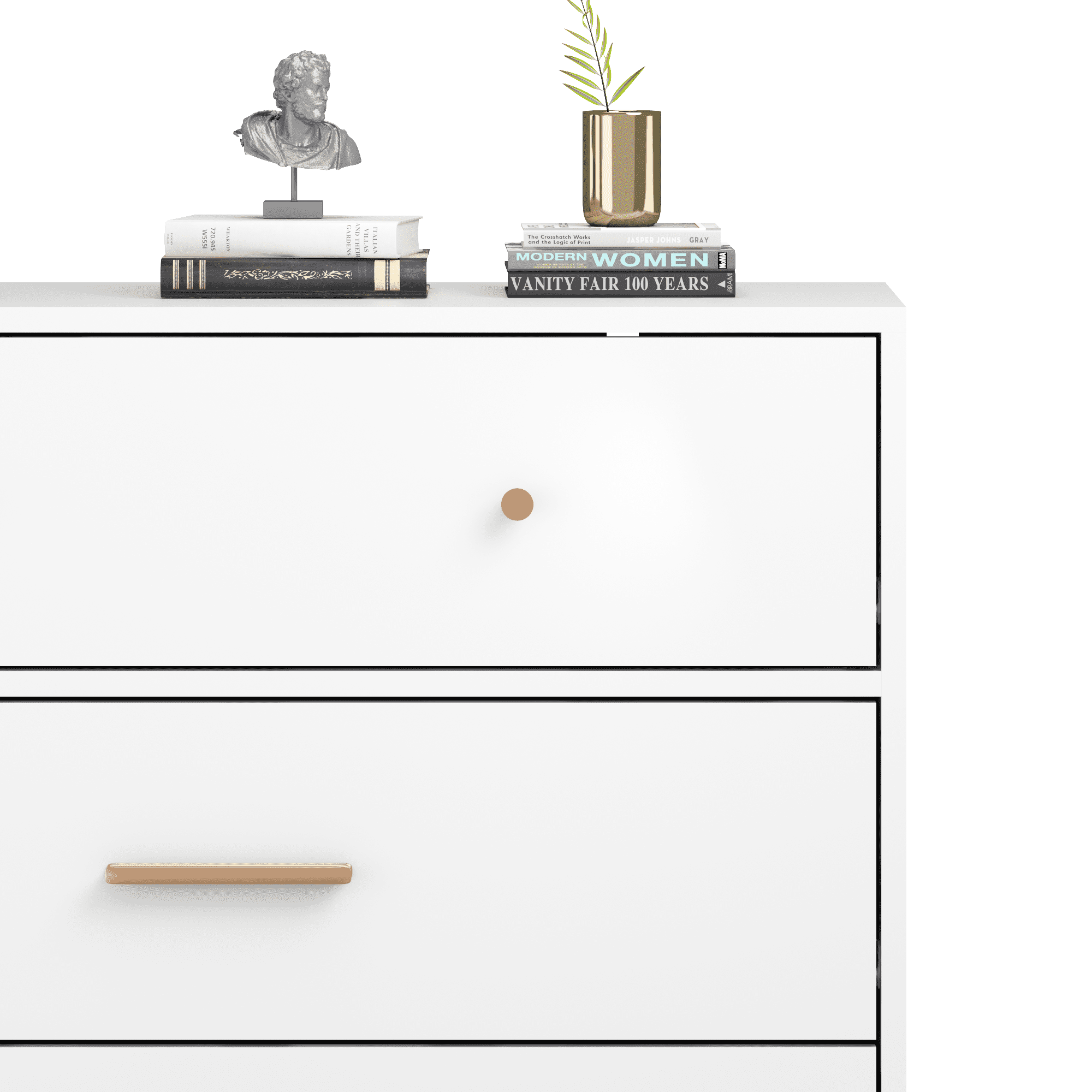 31.5-Inch Nordic Style 3-Drawer Storage Cabinet with Rose Gold Handles and Solid Wood Base, Modern Chest and Dresser for Office Kids Room, White and Natural