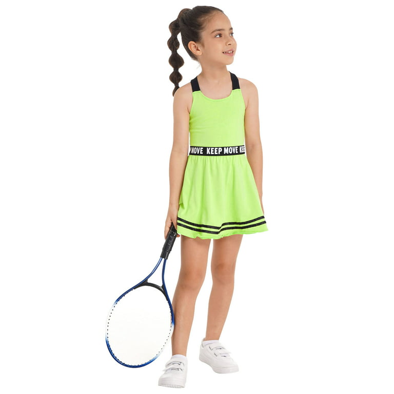 YEAHDOR Kids Girls Sports Suit Straps Cross at Rear A-Line Dress with  Shorts Set Gym Tennis Volleyball Outfit Fluorescent_Green 10 