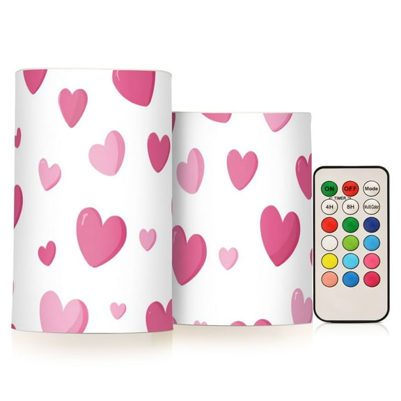 Pink Hearts Valentine Flickering Flameless Candles LED Tealight Battery Operated with Remote Set of 2 Holiday Decor Ornaments