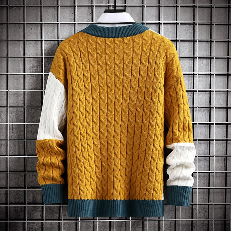 Mens Colour Block Crew Neck Sweater - Olive