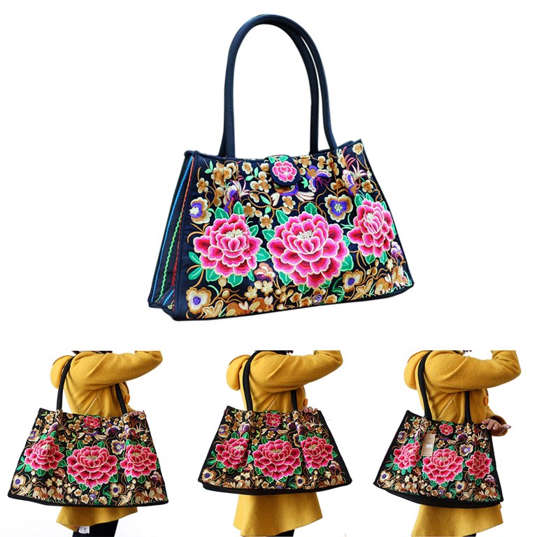 Floral Embroidery Shoulder Bag, Vintage Daily Bucket Bag, Fashion Handbags  For Women