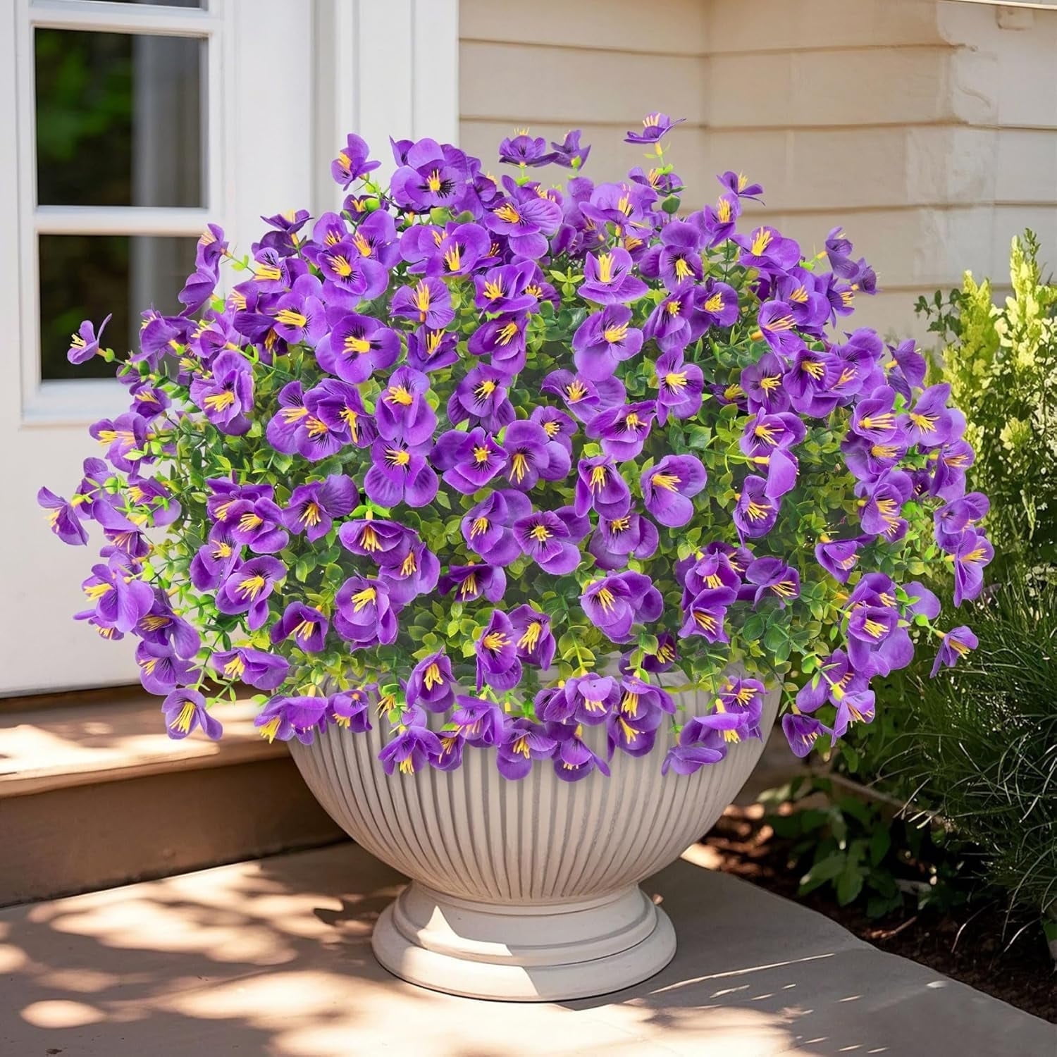 XEAZON Artificial Pansy Flowers, 12 Bundles Fake Silk Pansies Flowers, UV Resistant Silk Faux Plants for Outside Planter Window Box Front Door Porch Yard Home Party Decoration (Purple)