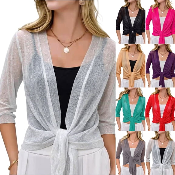 Women Crop Cardigan Sheer Mesh Shrug for Dress Bolero Tie Front 3/4 Sleeve Tops White S