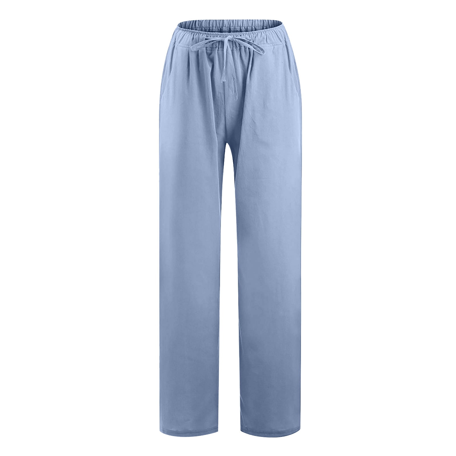Patlollav Clearance Womens Pants Solid Cotton Linen Drawstring Elastic Waist Long Wide Leg Pants