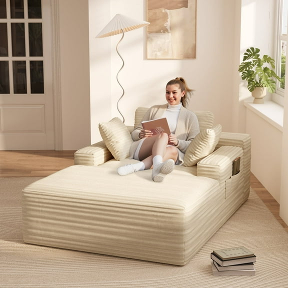 Jolifa Oversized Chaise Lounge Chair, 47" W Upholstered Corduroy Couch Cloud with 3 Pillows, Modern Deep Seat Sofa, No Assembly(Beige)