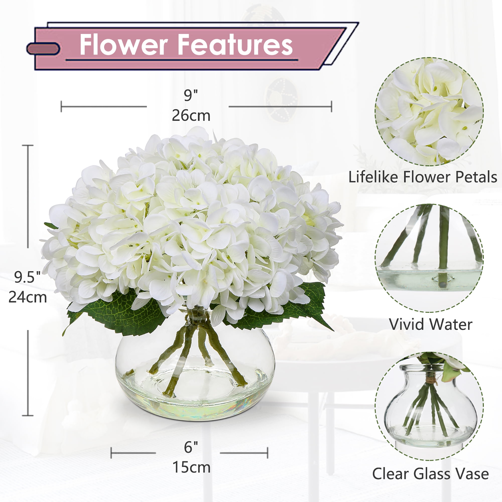 Hydrangea Artificial Flowers with Vase White Silk Fake Flowers Arrangements in Glass Vase with Faux Water Wedding Party Home Decor Table Centerpiece