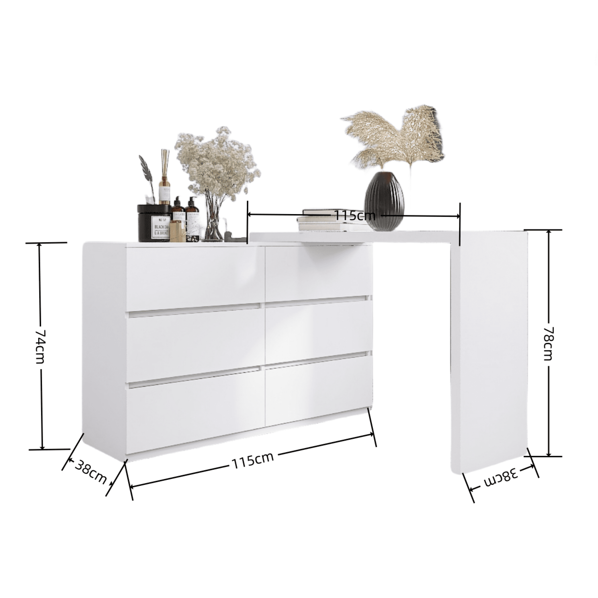 Leumius 6-Drawer Dresser,Extended Desktop Chest of Drawers,Handle-Free White Vanity with Rotatable Table Top for Bedroom/Living Room,White