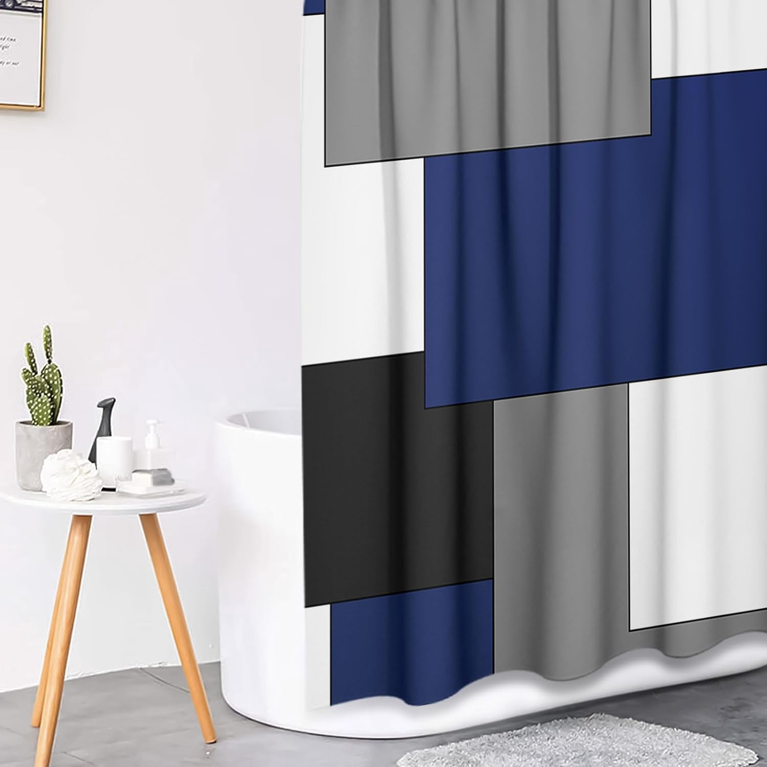 Grey Geometric Shower Curtain Set with Toilet Lid Cover and Non-Slip Rugs for Bathroom, Black White Checkered 4 Pcs Shower Curtain, Modern Abstract Bathroom Set with 12 Hooks