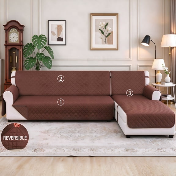 Y YUNHSOM 3 Pieces Reversible L Shape Sectional Sofa Cover, Washable Quilted Chaise Lounge Couch Slipcover for Left & Right Chaise, Pet Furniture Protector