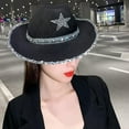 thumbnail image 4 of Western Cowboy Hat, Women Girls Fedoras Caps, Sun Hats, Wide Brim Sequin Star, Black, 4 of 6