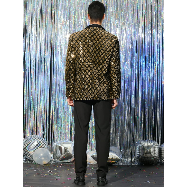 Unique Bargains Men s Sequin Tuxedo Prom Party Shiny Glitter Suit Jacket Blazer M Golden Walmart
