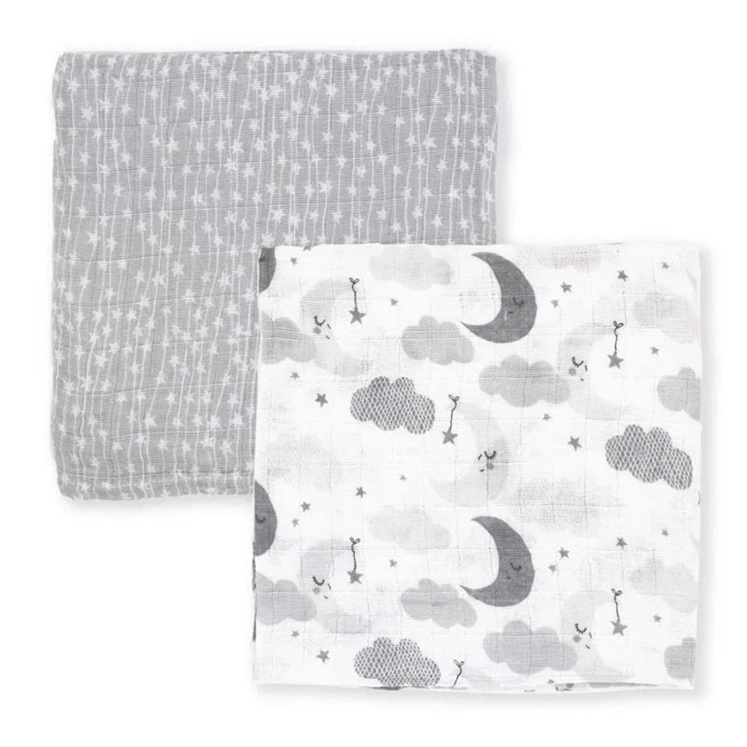 Rose Textiles - 2Pk Baby Muslin Swaddle Blankets, Grey Star/Wave