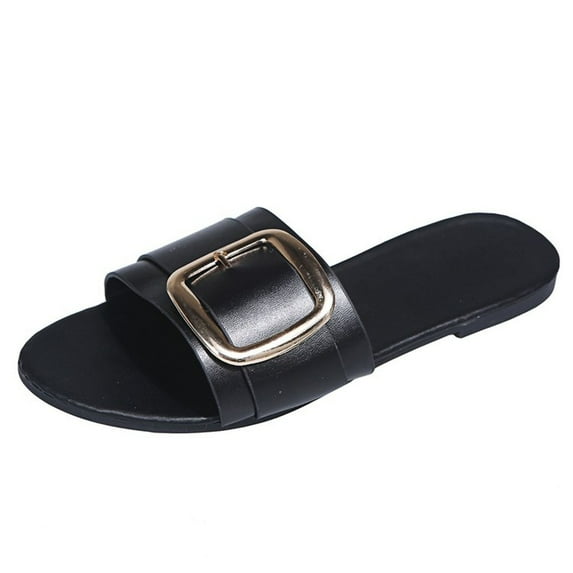 Kukoosong Sandals Women Fashion Leopard Print Flat Sandals and Slippers with Metal Buckle Flat Sandals for Women Black 36