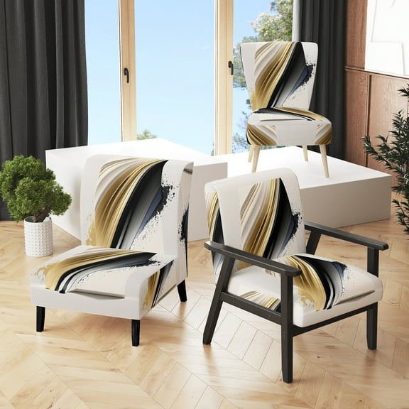 Designart "Cubist Black and Gold Artistry IV" Gold Abstract Cubism Upholstered Accent Chair - Modern Arm Chair For Living Room