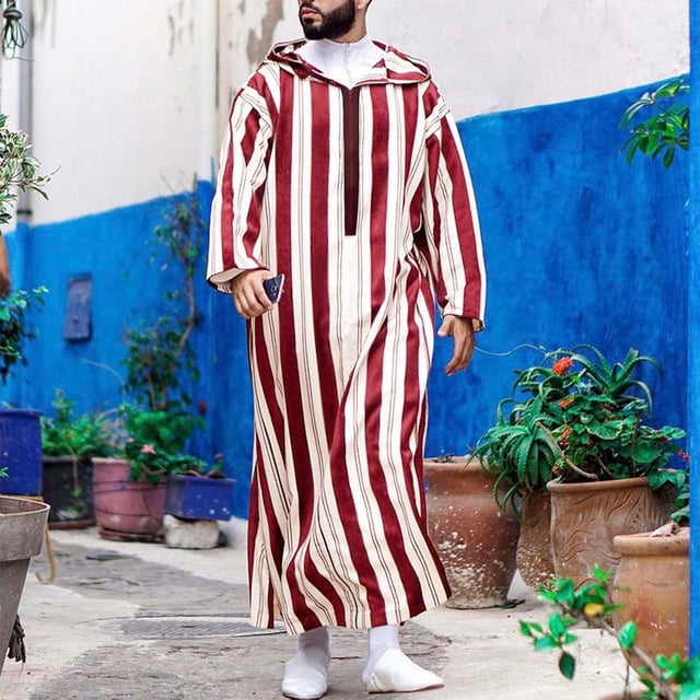 Chemises Habillées pour Hommes / Robe Décontractée pour Homme à Capuche, Thobe Long à Rayures Imprimées, Manches Mi-Longues, Jubba, Fermeture Éclair, Blouse pour Homme