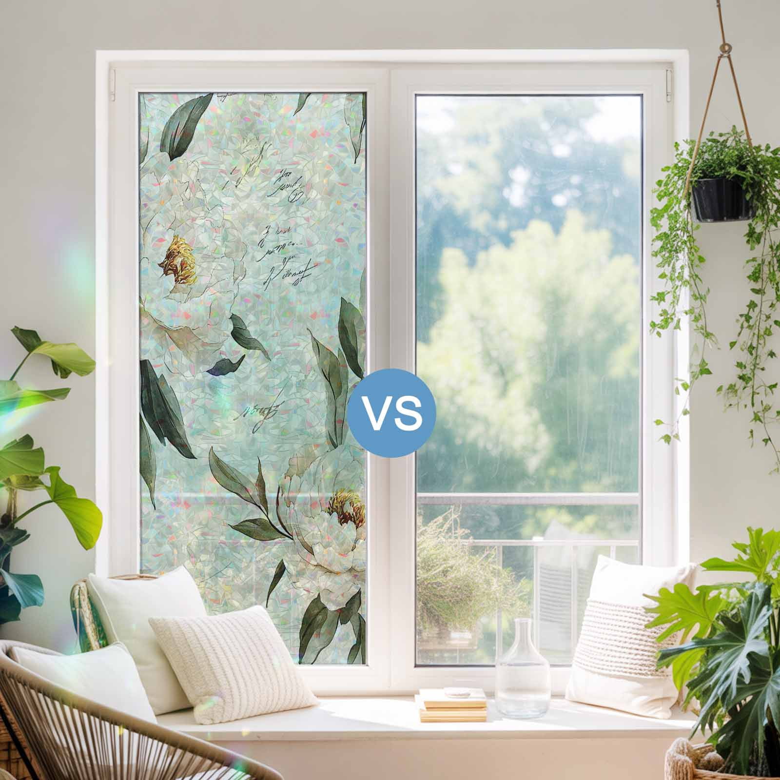 Rainbow Window Privacy Film, Vintage Floral Spring Static Cling Window Film PVC, Farmhouse Botanical White Flowers No Glue UV Blocking Glass Covering, Removable Stained Glass Sticker 23.6''x59''