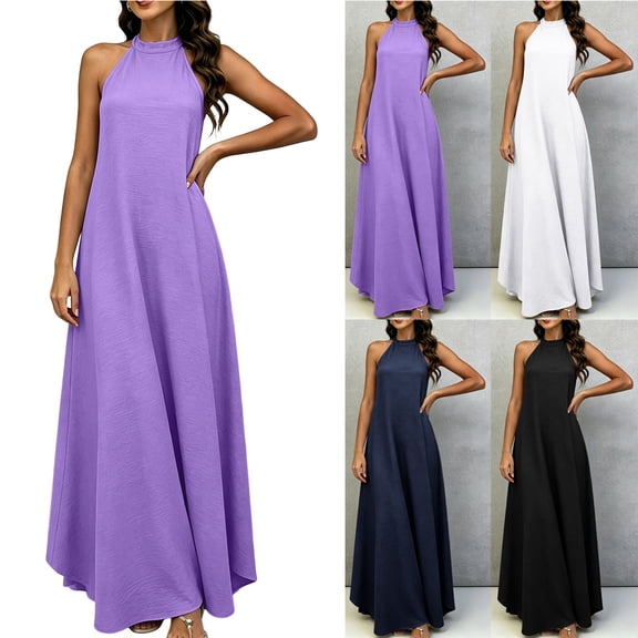 Smsaxvxz Summer Dresses for Women Fashion Solid Crew Neck Sleeveless Casual Loose Ice Silk Crinkle Flared Maxi Dress Purple M
