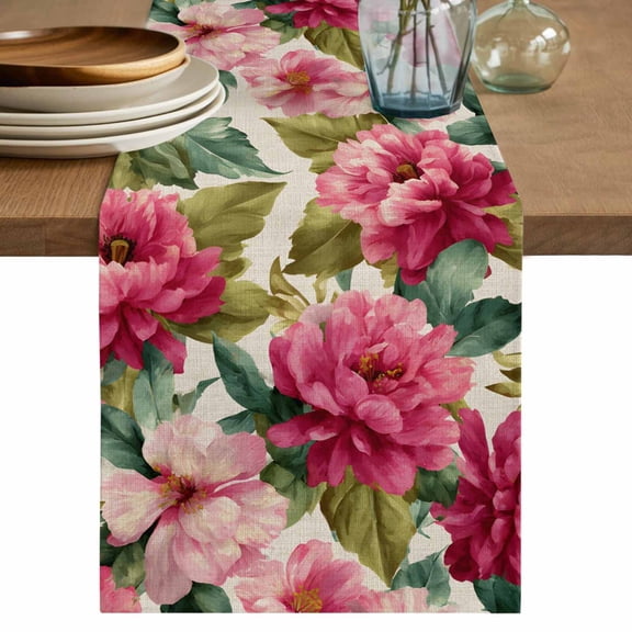 Table Runner 120 Inches Long for Kitchen Dining, Pink Flowers Dresser Scarf Farmhouse, Dining Table Decorations for Wedding/Parties, Spring Watercolor Floral Leaves Plants Beige 13 x 120 In
