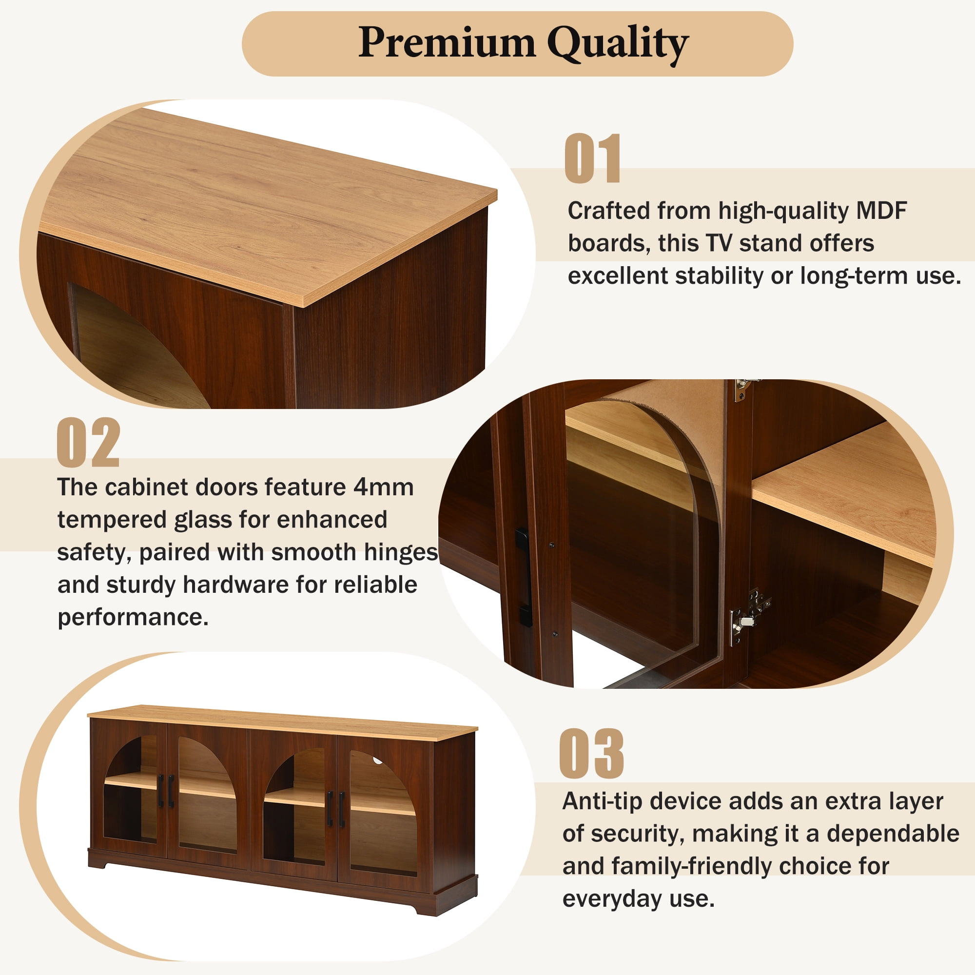 Miniyam Farmhouse TV Stand for TVs up to 70″ - Semi-Arched Glass Door Media Console with Adjustable Shelves & Cable Management, Walnut