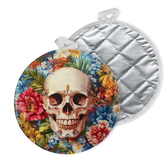 2 PCS Pot Holders for Kitchen,Potholders Sets with Hook for Oven,Cooking,Baking,Floral - Covered Skull In Jungle - Themed Setting