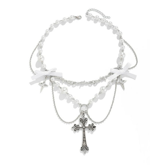 Versatile Punk Crosses and Bowknot Necklace Fashionable Metal Crosses Necklace with Bowknot and Pearls for Ladies