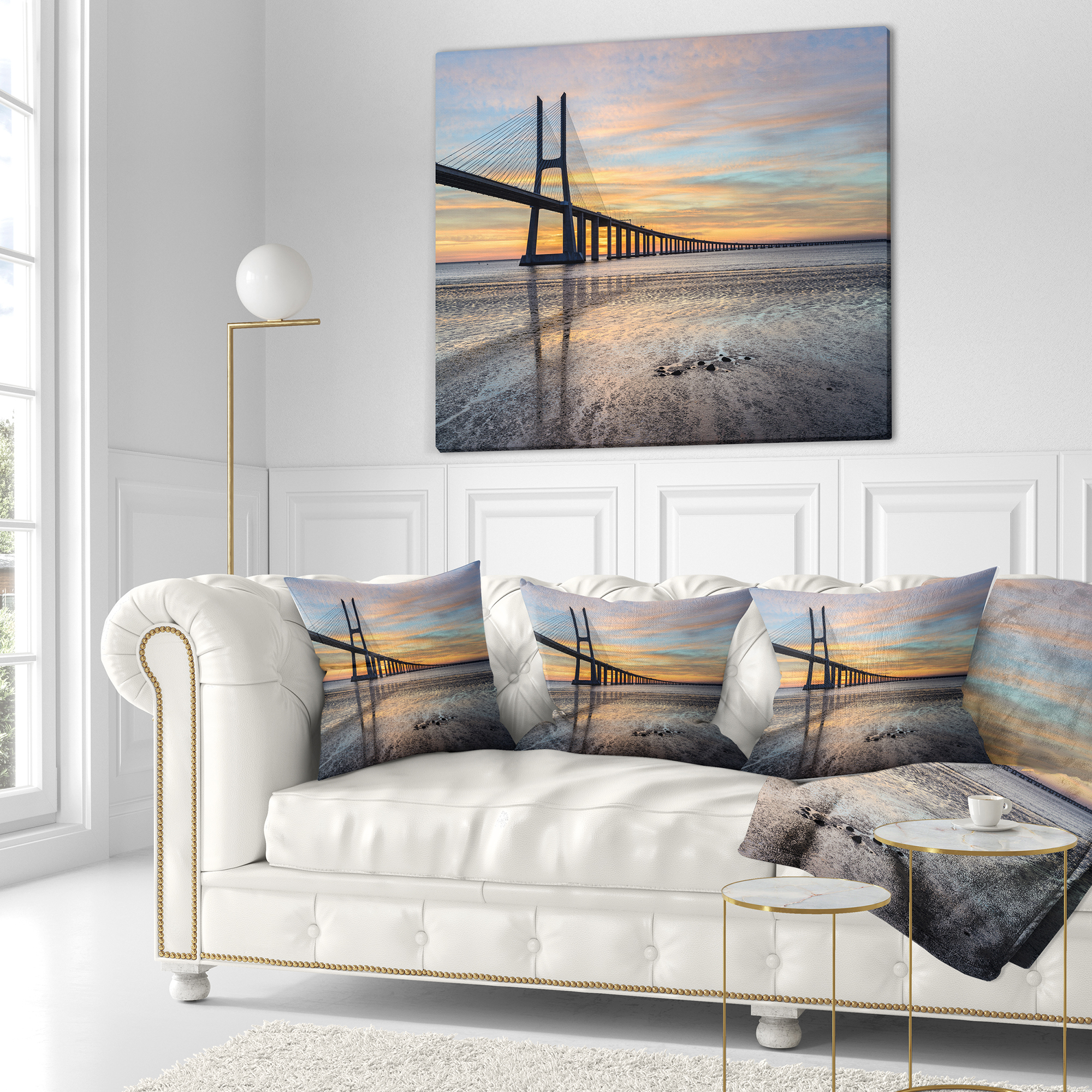 Designart Vasco de Gama Bridge Lisbon - Seascape Throw Pillow - 16x16