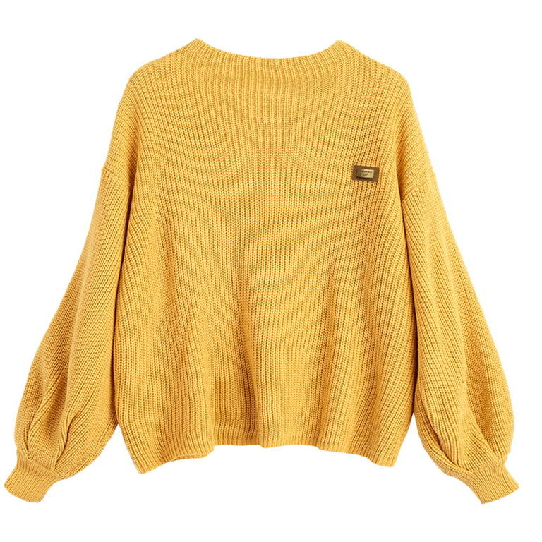ZAFUL Women Casual Loose Badge Patched Oversized Pullover Sweater Yellow  One Size