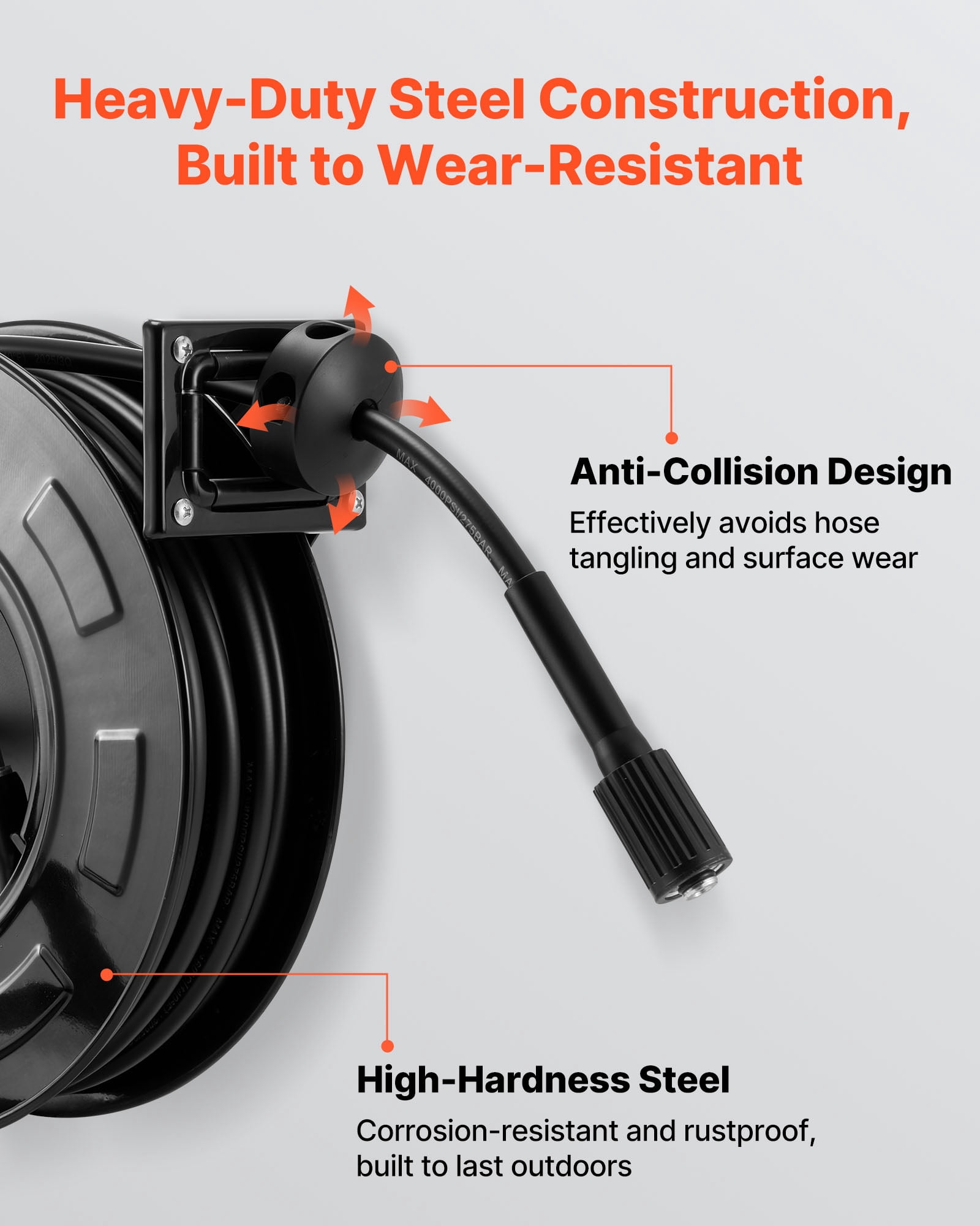 VEVOR Pressure Washer Hose Reel, 60 ft x 1/4 inch Retractable Power Heavy-Duty Steel Washer Hose Reel, 4000PSI Max, Auto-Rewinding, Flexible Wall/Floor Mounted for Car Washing,Garden,Floor Cleaning