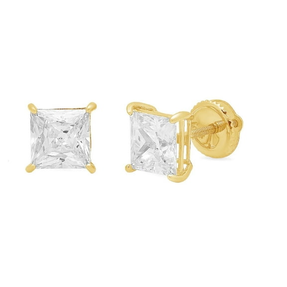 14k Yellow Gold 6mm Screw Back Square Cubic Zirconia Stud Earrings Plated by Paris Jewelry