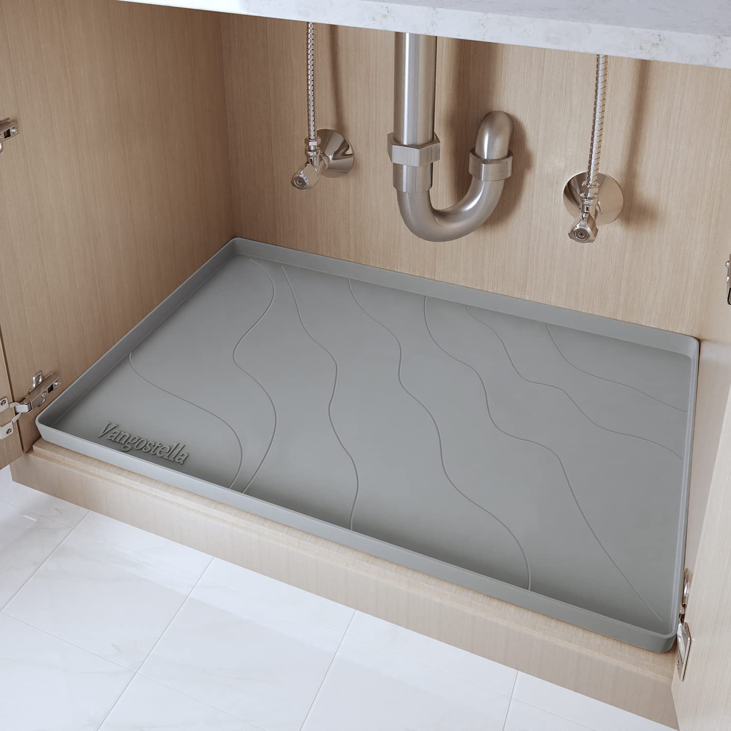 PELTEFLU Under Sink Mat, 28 x 22 Waterproof Under Sink Mats for Kitchen Bathroom, Flexible Silicone Rubber Under Sink Liner with Drain Hole, Thick