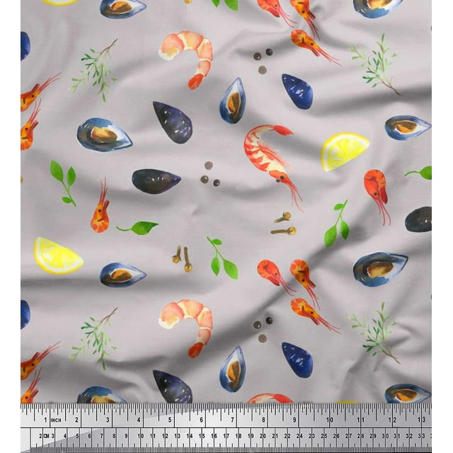 Soimoi Poly Georgette Fabric Gemstone,Lemon Slice & Prawns Food Print Fabric by the Yard 42 Inch Wide