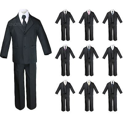NEW BABY BOY KID TEEN 6 PC Extra Necktie WEDDING FORMAL TUXEDO SUIT BLACK S-20