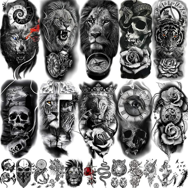 Katea 22 Sheets 3d Forearm Half Sleeve Temporary Tattoos For Men Women Adults Large Tribal Lion Warrior Tiger Wolf Flower Skull Fake Tattoo Stickers Halloween Black 3d Realistic Tatoo Rose Animals