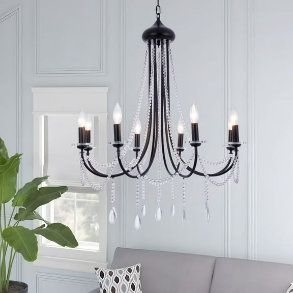 AFANQI 33 Inch 8 Lights Modern Luxury Crystal Chandelier, High Ceiling Black Crystal Chandelier