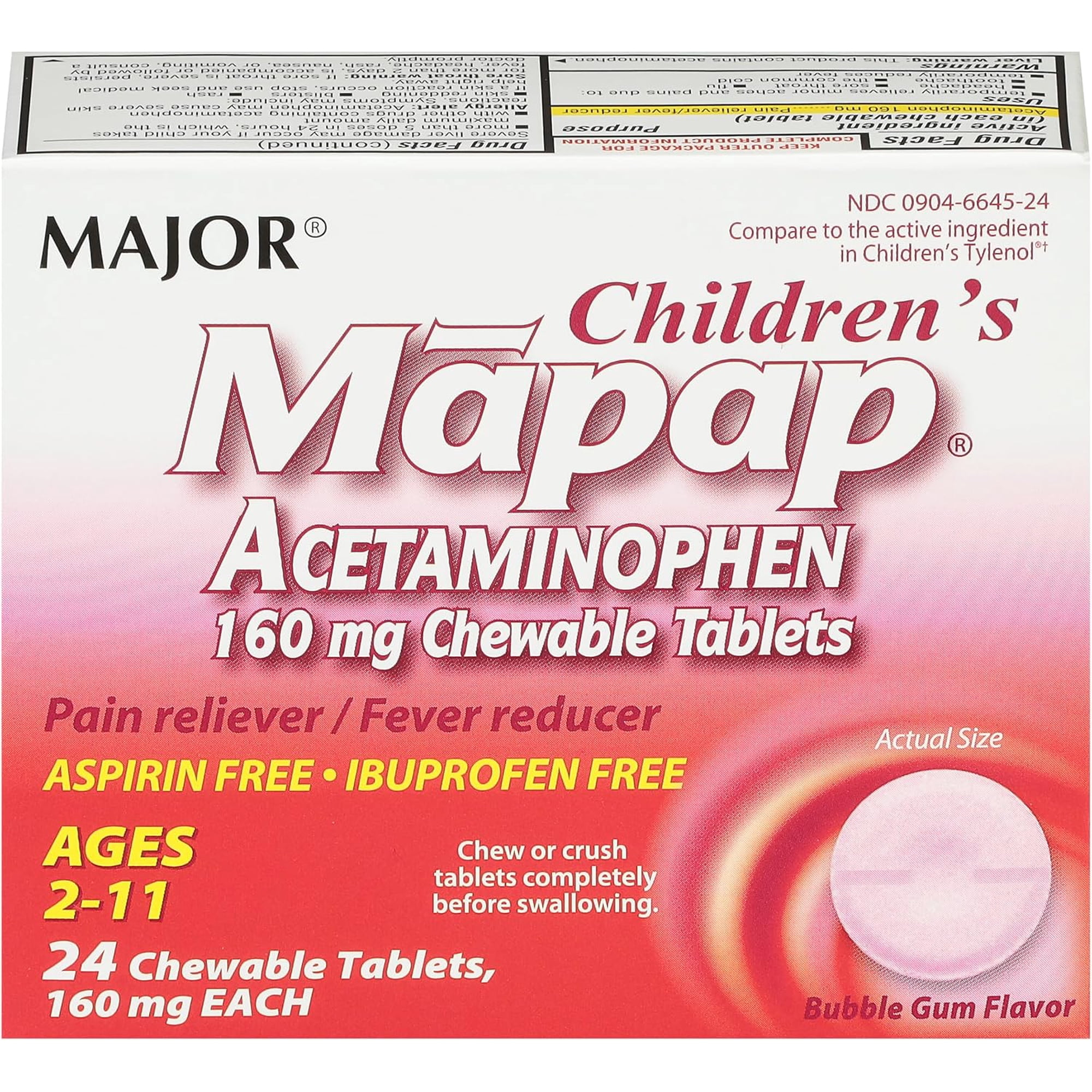 MAJOR Children’s Mapap Acetaminophen 160 mg Chewable Tablets - Pain Reliever/Fever Reducer - Aspirin Free - Ibuprofen Free - for Ages 2 to 11-24 Count (1 Pack)