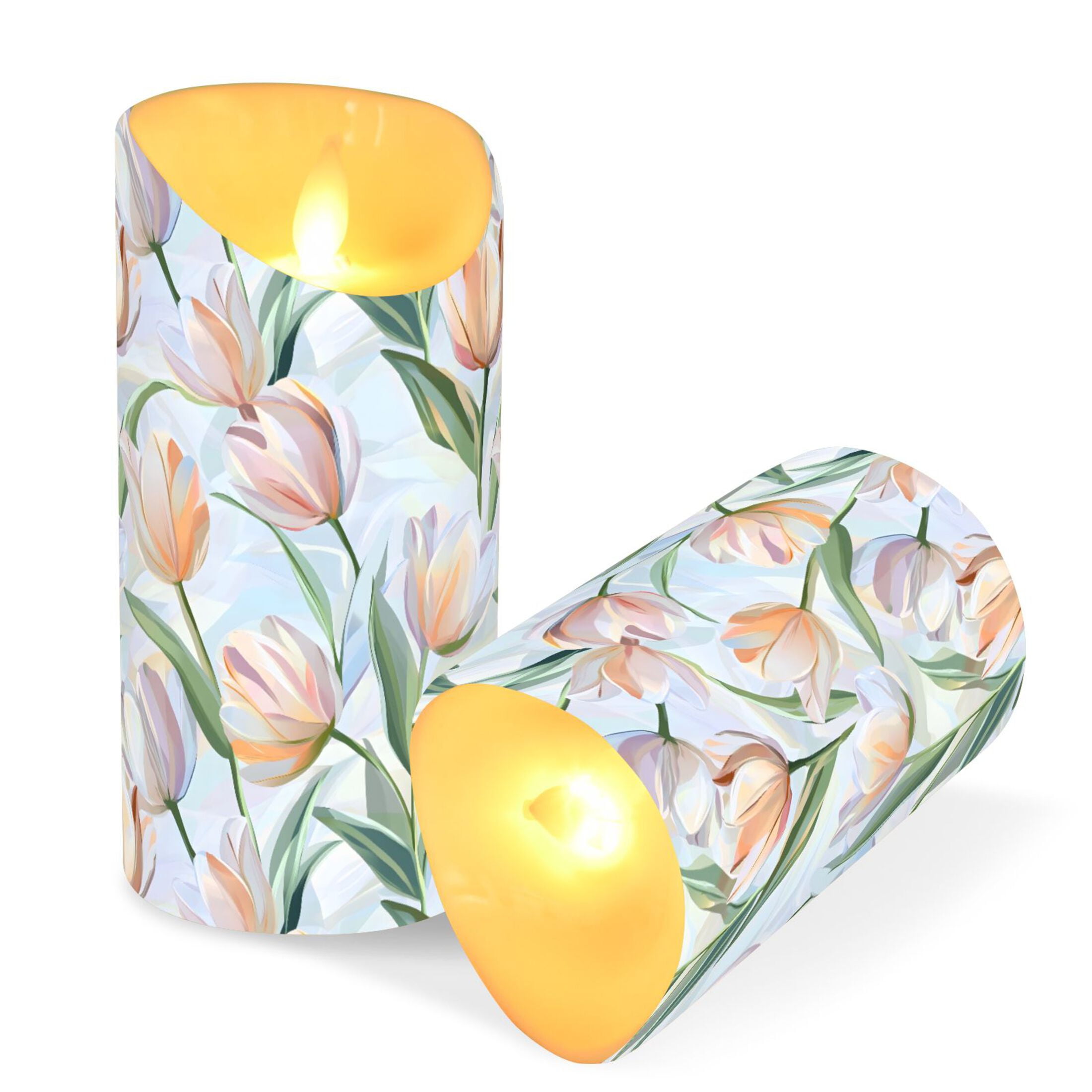 Soft Tulip Pattern Flameless Candles 2 PCS with Remote Realistic Moving Flame LED Tapered Pillar Set for Home Decor