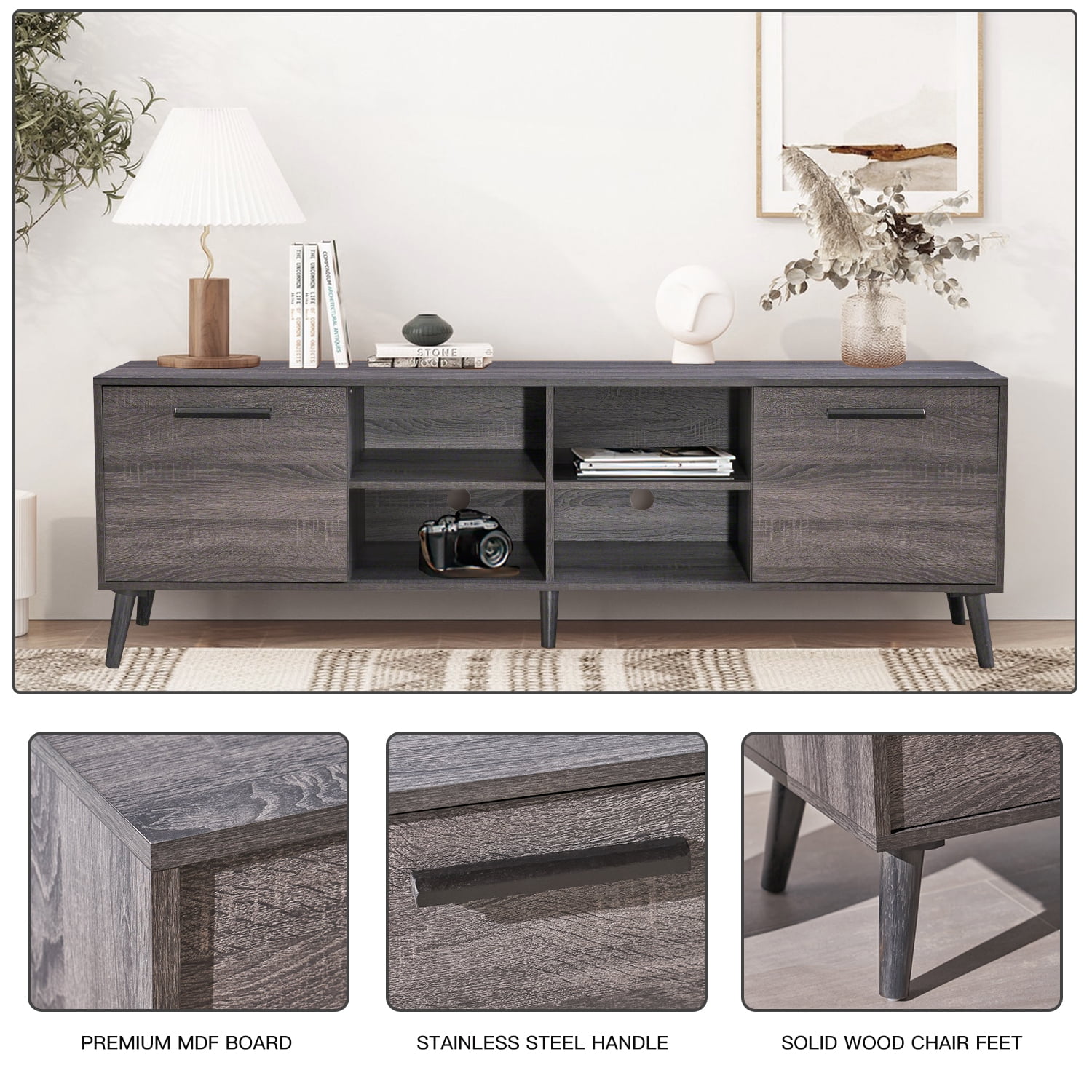 Kadyn Mid Century TV Stand, Modern TV Console with 2 Cabinets & Shelves, Fiberboard TV Entertainment Center for Living Room, Plaid Grey Oak
