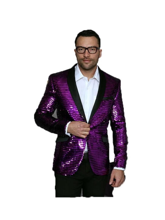 Men's Purple Shiny Sequin Paisley SharkSkin Blazer Dinner Jacket By Alberto Nardoni Brand Designer
