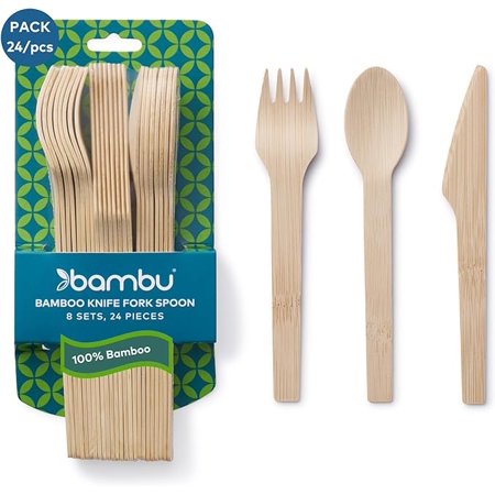 Bambu, Disposable Bamboo Utensils, Set of 100% Organic Biodegradable and Compostable Knives, Forks and Spoons for Weddings, Parties, Picnics, Events or Any Occasion. - Pack of 24
