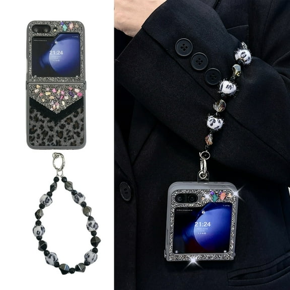 ELEHOLD for Samsung Galaxy Z Flip 6 Case, Women Girl Slim Hard PC Glitter Leopard Pattern Design Shock-Absorbent Protective Case with Lanyard for Samsung Galaxy Z Flip 6,Black