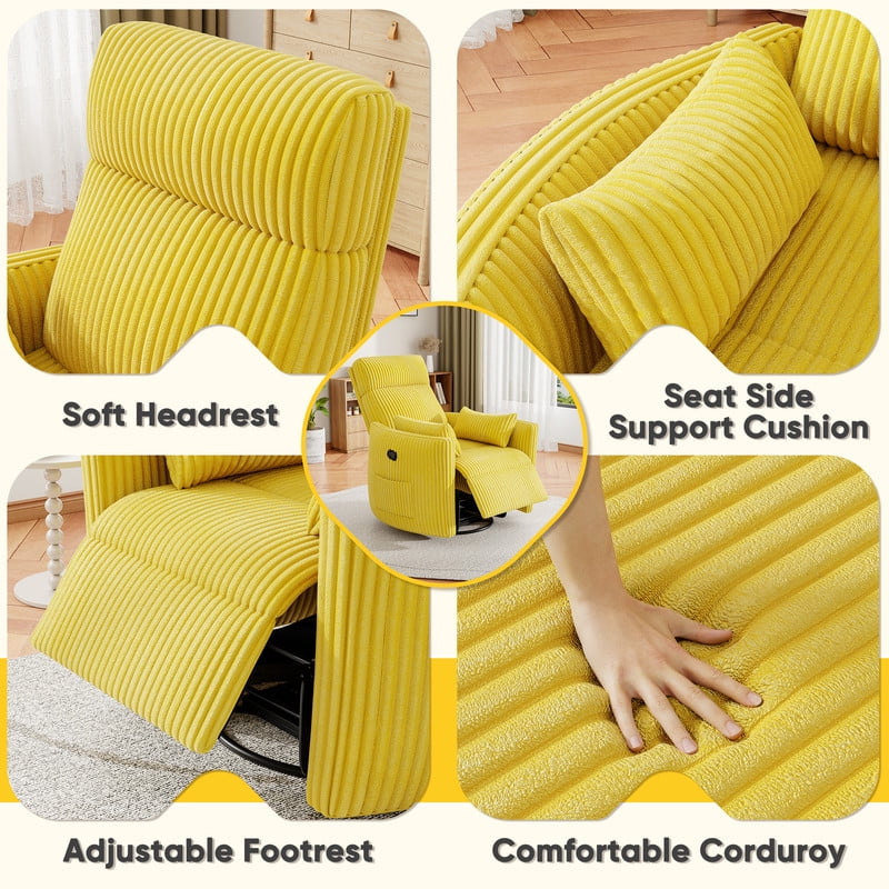 Homall 360° Power Swivel Recliner High Back Adult Rocker Recliner Chair with 2 Pillows for Nursing Expectant Mothers,Corduroy Yellow