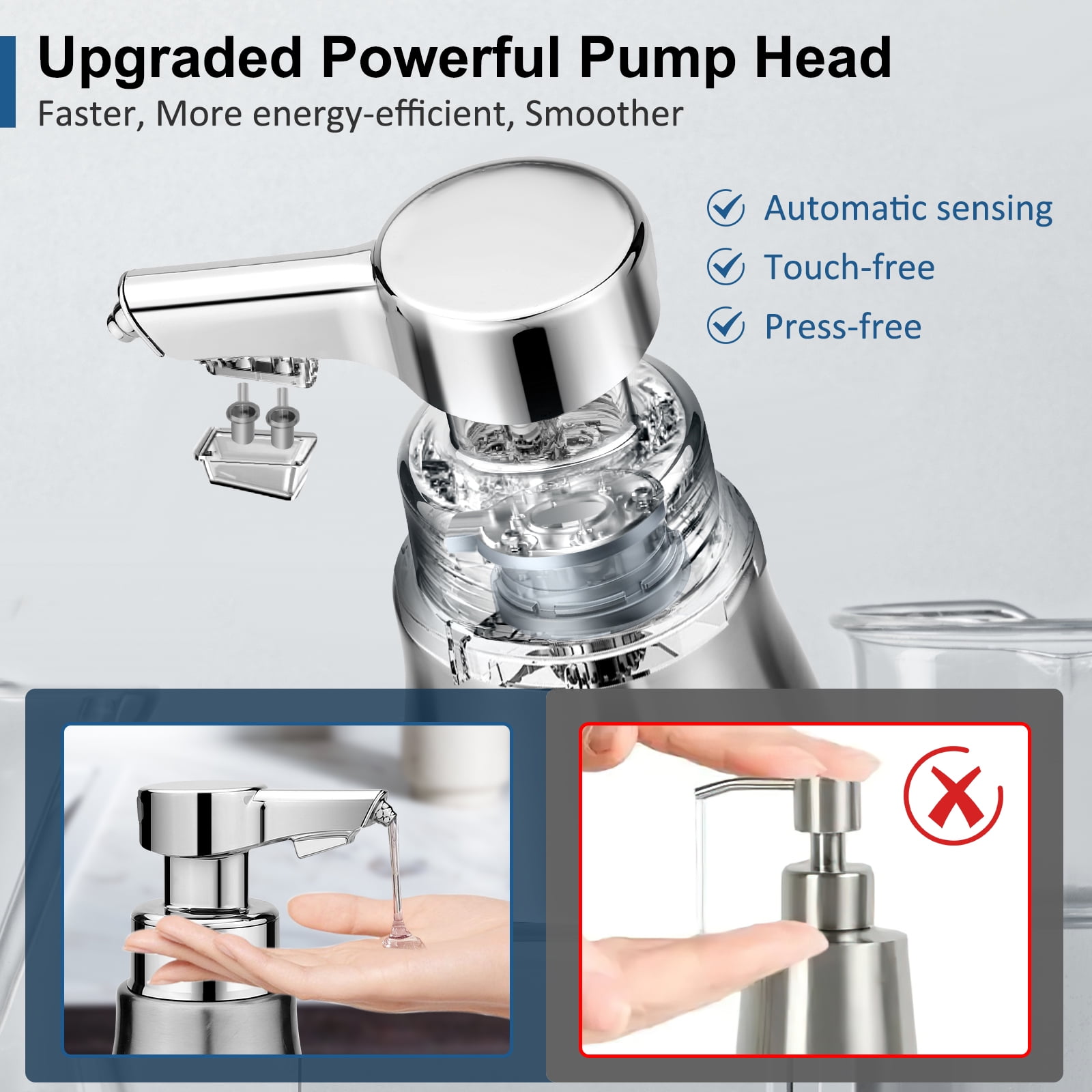 Blancel Automatic Soap Dispenser Liquid Touchless Stainless Steel 3 Level Adjustable Silver Rechargeable Electric Bathroom Kitchen Hand Dish Lotion