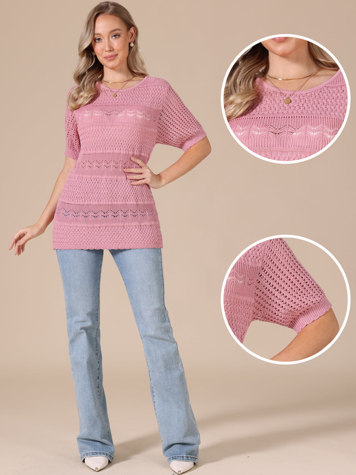 DARING DIVA Women's Crochet Tops Lightweight Short Sleeve Pullover Knit Blouses S Pink