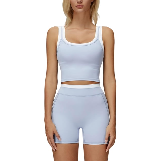 PISONIC Women Two Piece Workout Sets Color Block Backless Tank Top and High Waist Booty Lifting Shorts Gym Yoga Active Outfits