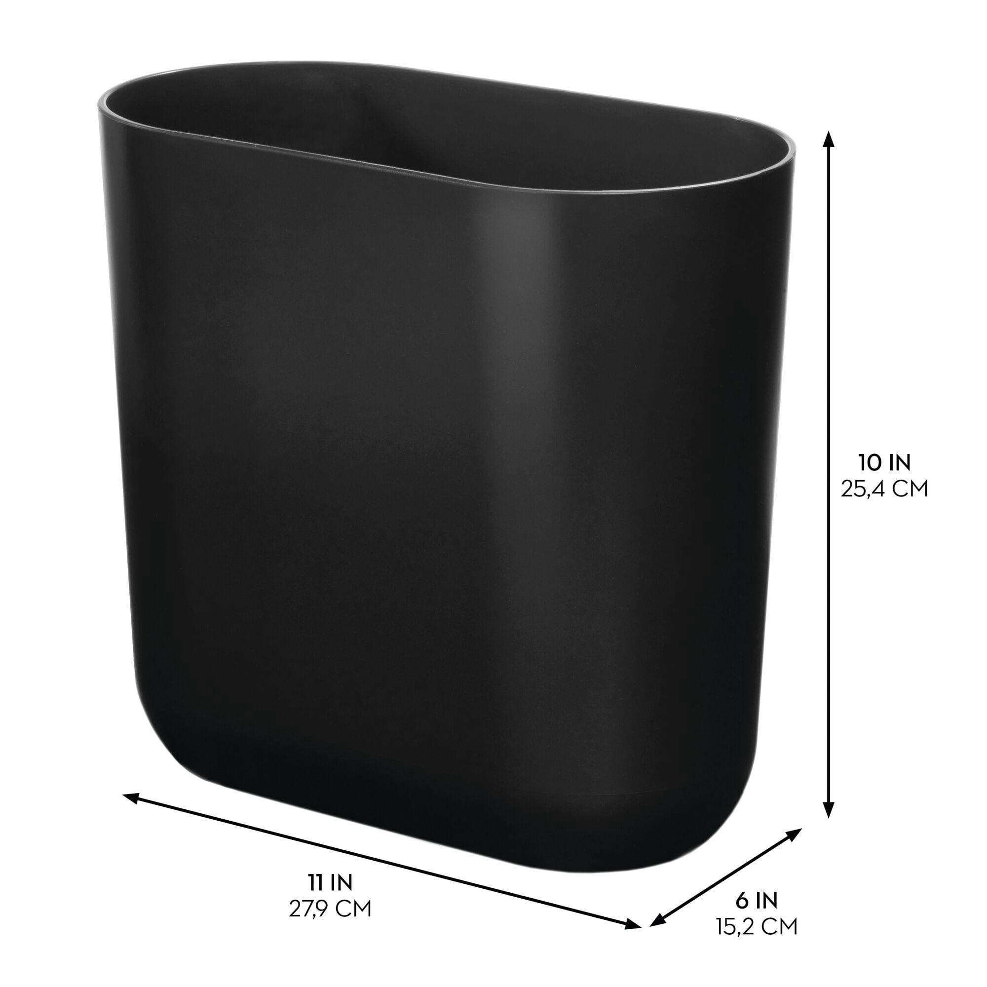 iDesign Oval Bathroom Trash Can, 1.9 Gallon Plastic Open Top Garbage Bin, 2 Pack, Black