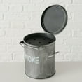 thumbnail image 3 of Smoke Outdoor Ashtray, Trashcan Style, Hinged Lid, Removable Interior Tray, 7 D x 7 H Inches, Lacquered Iron, Grey Finish, White Text, 3 of 5